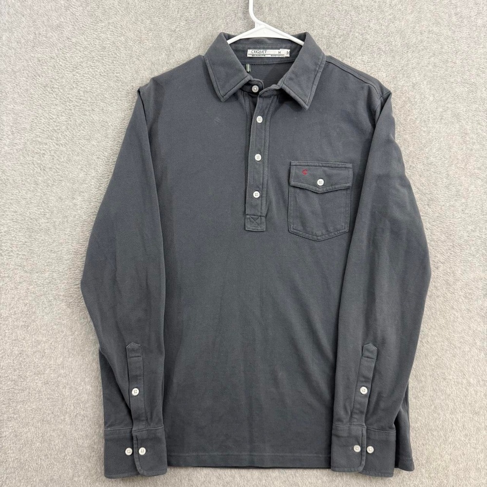 Criquet Organic Cotton Long Sleeve Polo Shirt Men's M Gray Pocket